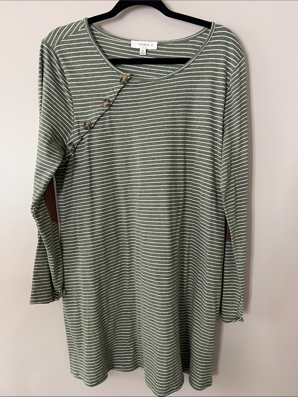 Umgee Olive & White Striped Long Sleeve Dress with Slanted Button Detail